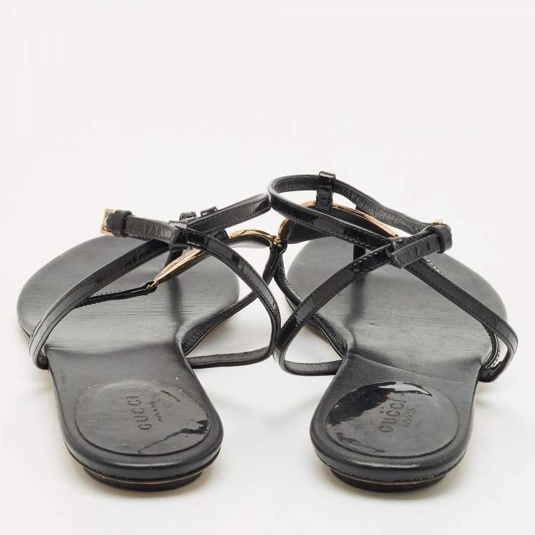 Pre Owned Gucci Black Patent Leather Logo Buckle Flat Thong Sandals Size 39