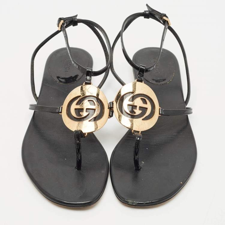 Pre Owned Gucci Black Patent Leather Logo Buckle Flat Thong Sandals Size 39