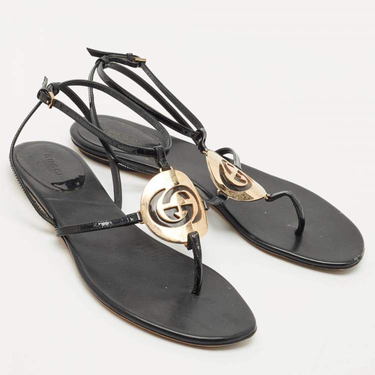 Pre Owned Gucci Black Patent Leather Logo Buckle Flat Thong Sandals Size 39