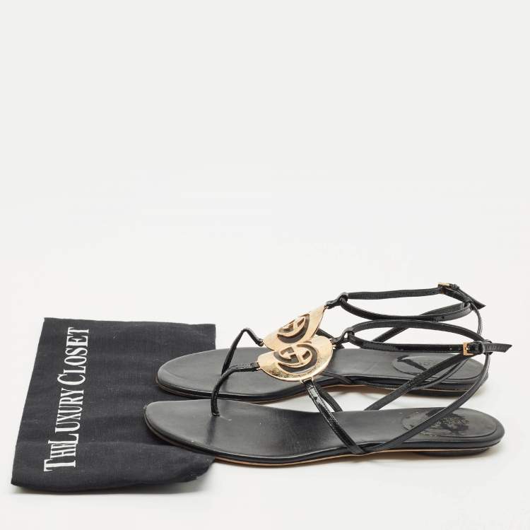 Pre Owned Gucci Black Patent Leather Logo Buckle Flat Thong Sandals Size 39