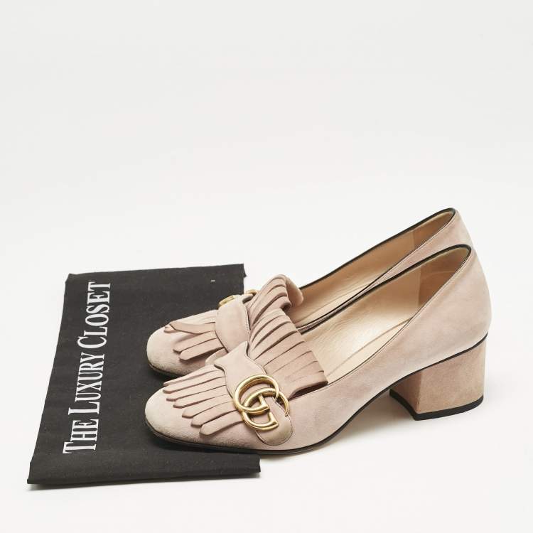 Pre Owned Gucci Light Pink Suede GG Marmont Fringe Pumps Size 36.5