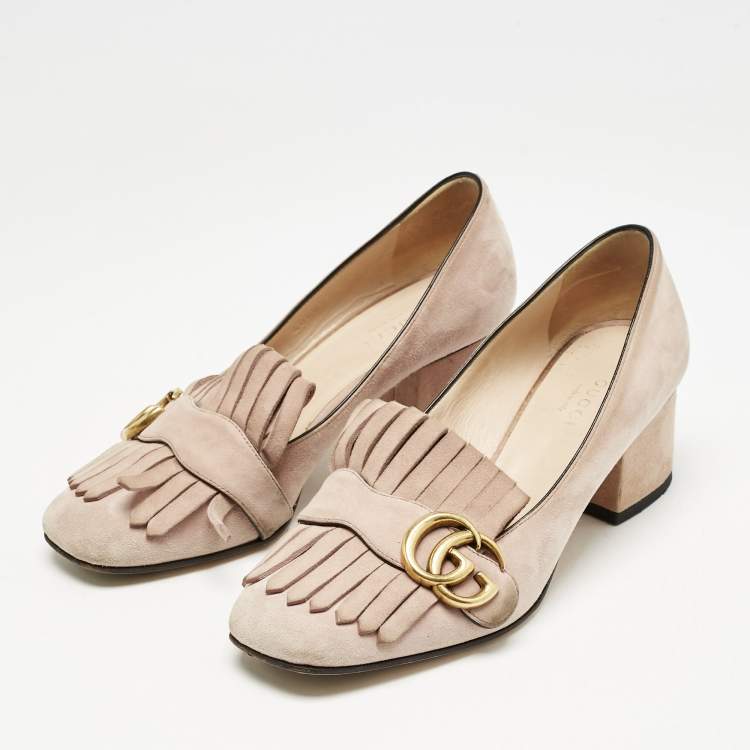 Pre Owned Gucci Light Pink Suede GG Marmont Fringe Pumps Size 36.5
