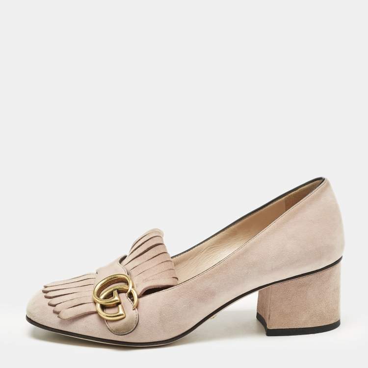 Pre Owned Gucci Light Pink Suede GG Marmont Fringe Pumps Size 36.5