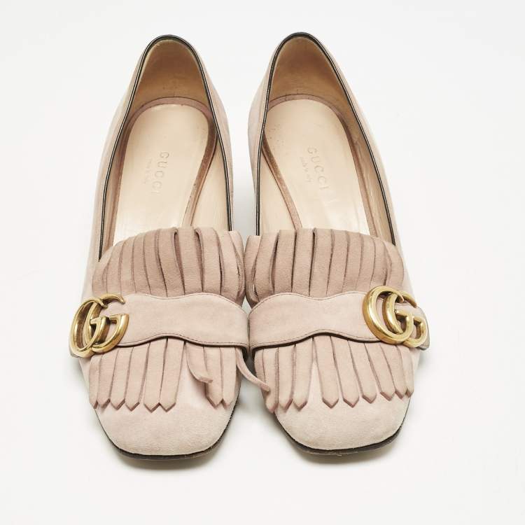 Pre Owned Gucci Light Pink Suede GG Marmont Fringe Pumps Size 36.5