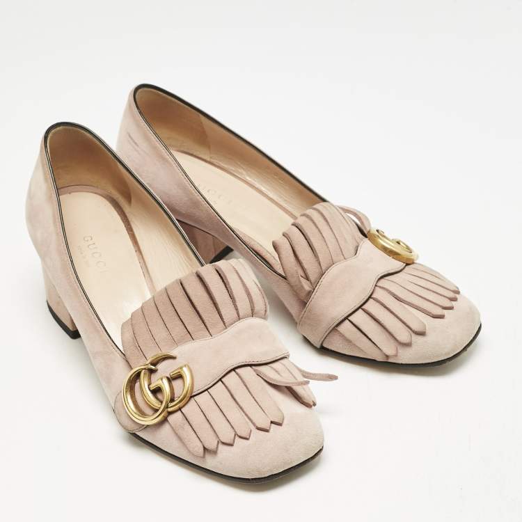 Pre Owned Gucci Light Pink Suede GG Marmont Fringe Pumps Size 36.5