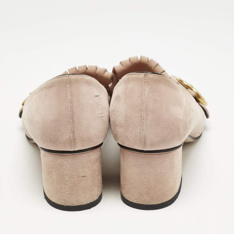 Pre Owned Gucci Light Pink Suede GG Marmont Fringe Pumps Size 36.5