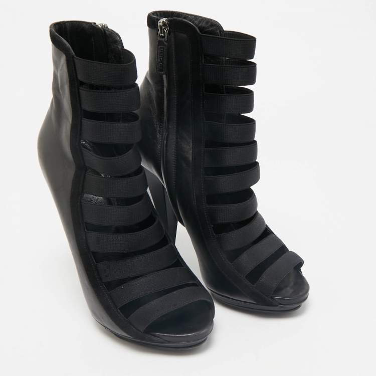 Pre Owned Gucci Black Leather Elastic Olimpia Open Toe Ankle Booties Size 37