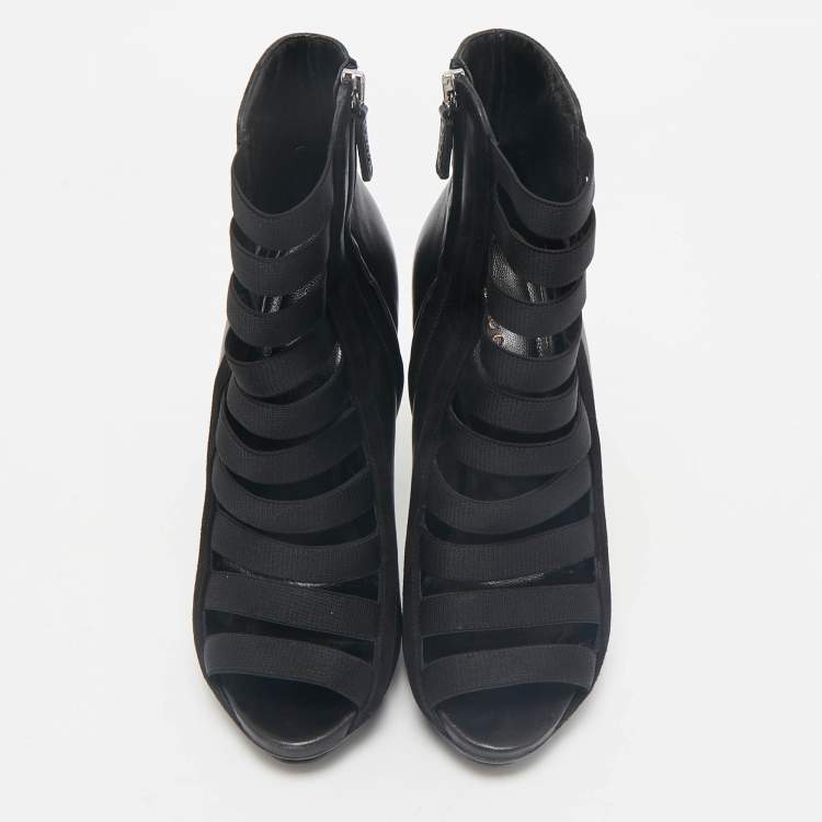 Pre Owned Gucci Black Leather Elastic Olimpia Open Toe Ankle Booties Size 37