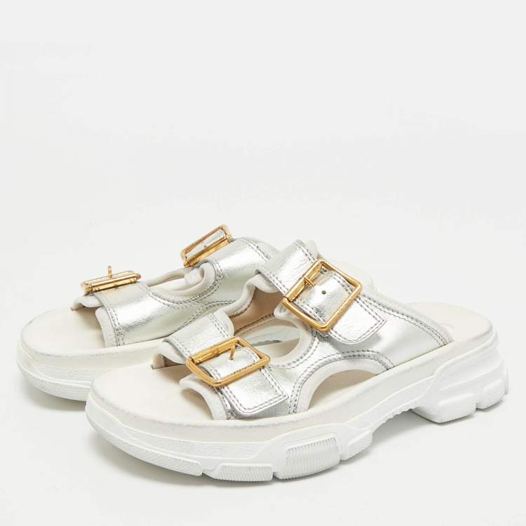 Pre Owned Gucci Metallic Silver Leather Aguru Buckle Chunky Slide Sandals Size 37.5