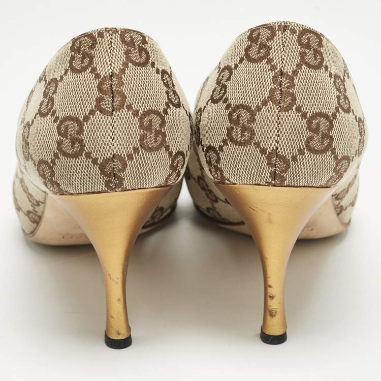 Pre Owned Gucci Beige GG Canvas and Leather Crystal Embellished Bow Pumps Size 37