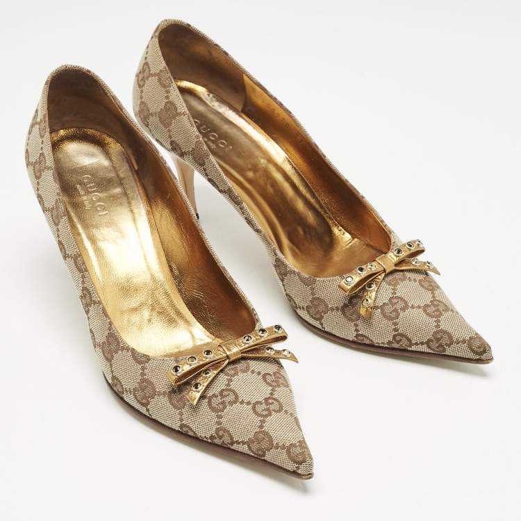 Pre Owned Gucci Beige GG Canvas and Leather Crystal Embellished Bow Pumps Size 37