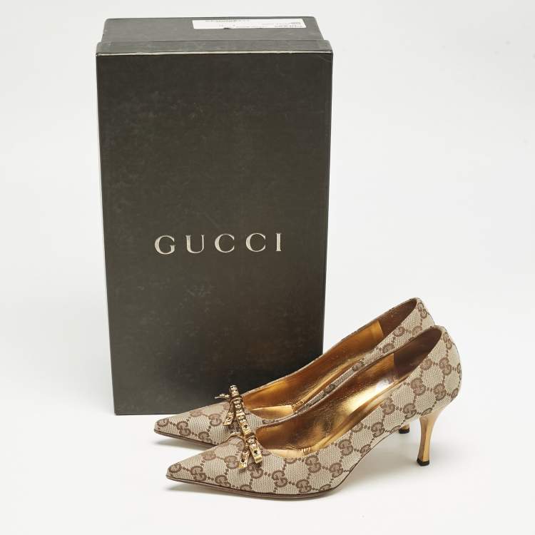 Pre Owned Gucci Beige GG Canvas and Leather Crystal Embellished Bow Pumps Size 37