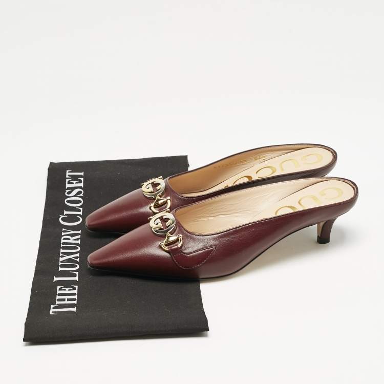 Pre Owned Gucci Burgundy Leather Unia Crystal Embellished Mules Size 35