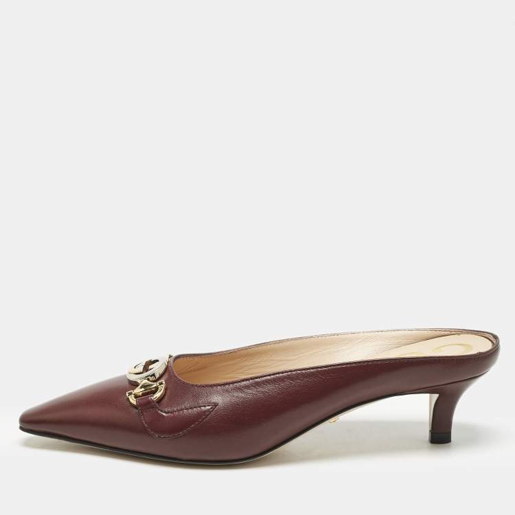 Pre Owned Gucci Burgundy Leather Unia Crystal Embellished Mules Size 35