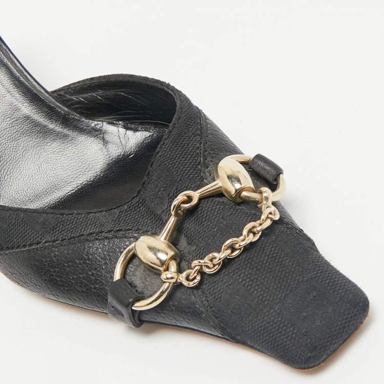 Pre Owned Gucci Black GG Canvas and Leather Vintage Horsebit Chain Mules Size 39