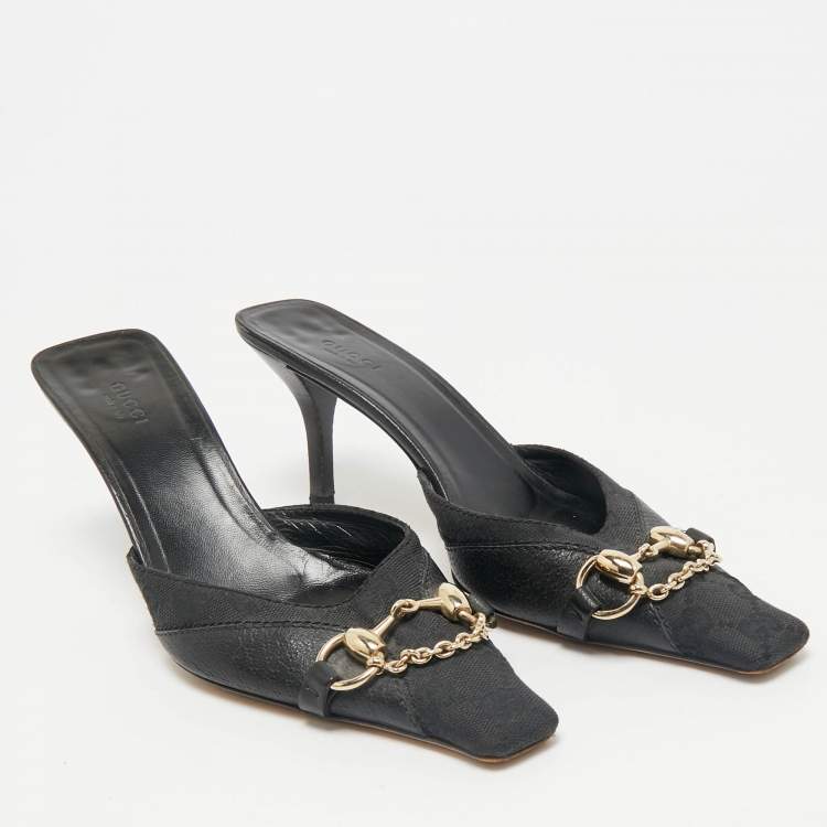 Pre Owned Gucci Black GG Canvas and Leather Vintage Horsebit Chain Mules Size 39