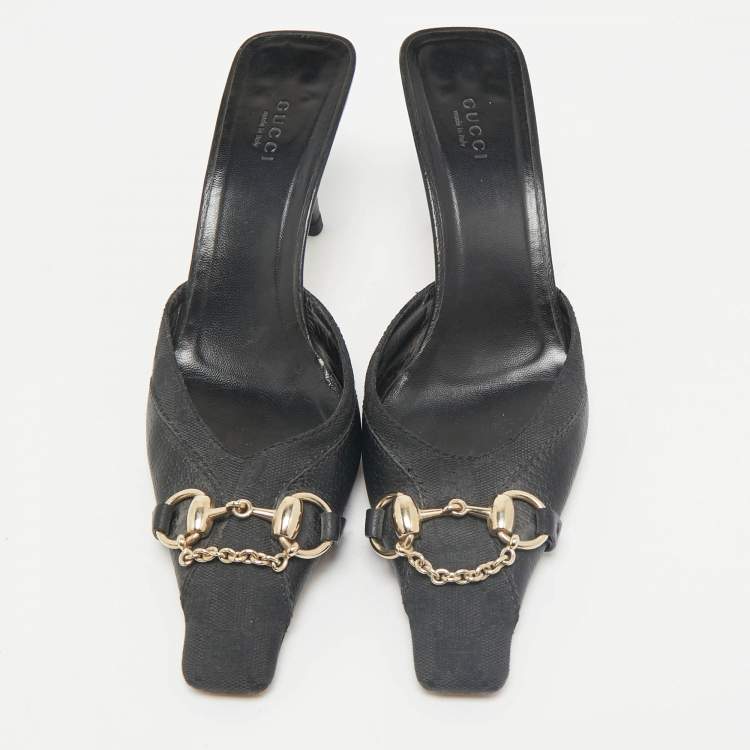 Pre Owned Gucci Black GG Canvas and Leather Vintage Horsebit Chain Mules Size 39