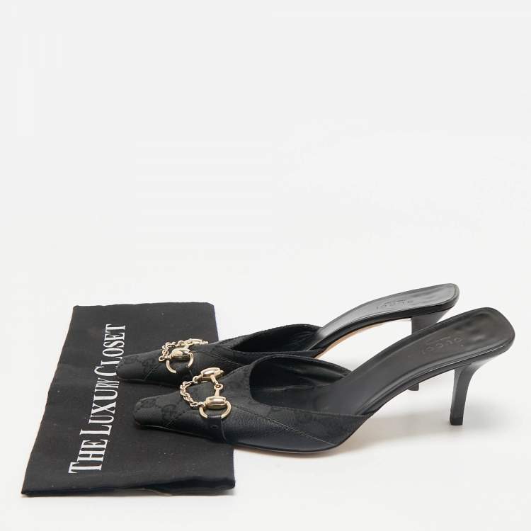 Pre Owned Gucci Black GG Canvas and Leather Vintage Horsebit Chain Mules Size 39