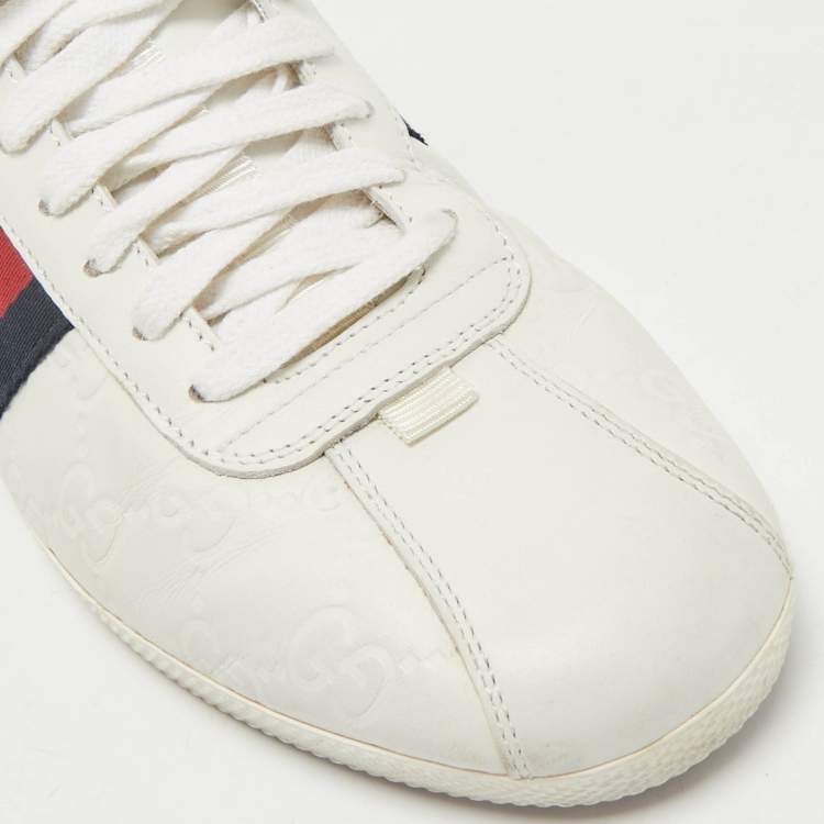 Pre Owned Gucci White Guccissima Leather Web Detail Lace Up Low Top Sneakers Size 40
