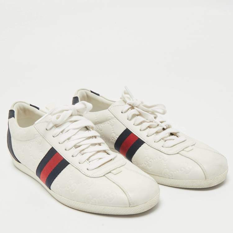 Pre Owned Gucci White Guccissima Leather Web Detail Lace Up Low Top Sneakers Size 40