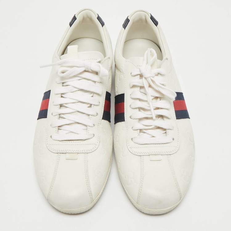 Pre Owned Gucci White Guccissima Leather Web Detail Lace Up Low Top Sneakers Size 40