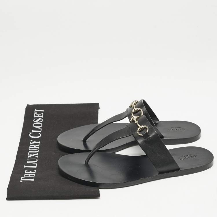 Pre Owned Gucci Black Leather Horsebit Thong Flats Size 39.5