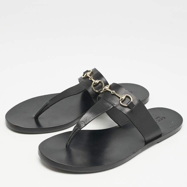 Pre Owned Gucci Black Leather Horsebit Thong Flats Size 39.5