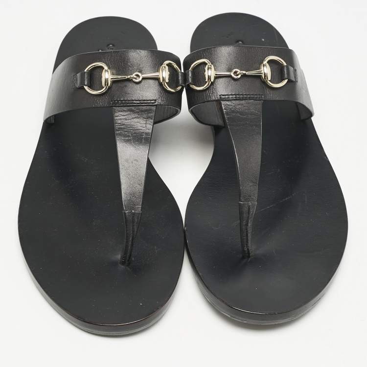 Pre Owned Gucci Black Leather Horsebit Thong Flats Size 39.5