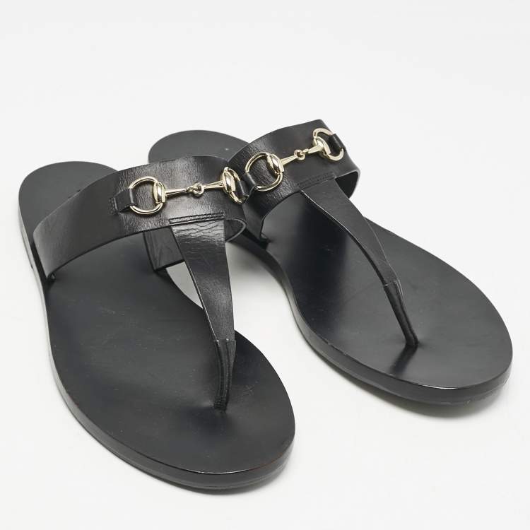 Pre Owned Gucci Black Leather Horsebit Thong Flats Size 39.5
