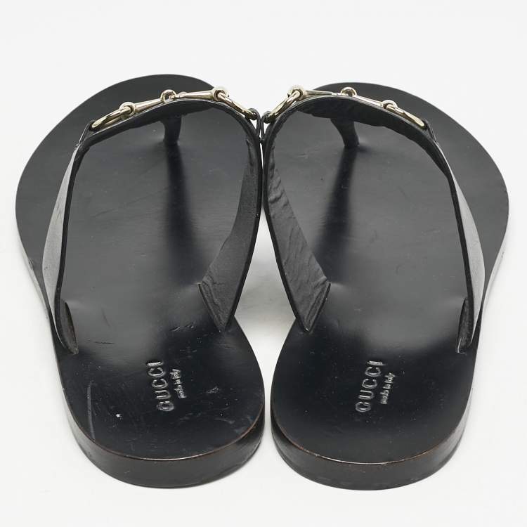 Pre Owned Gucci Black Leather Horsebit Thong Flats Size 39.5