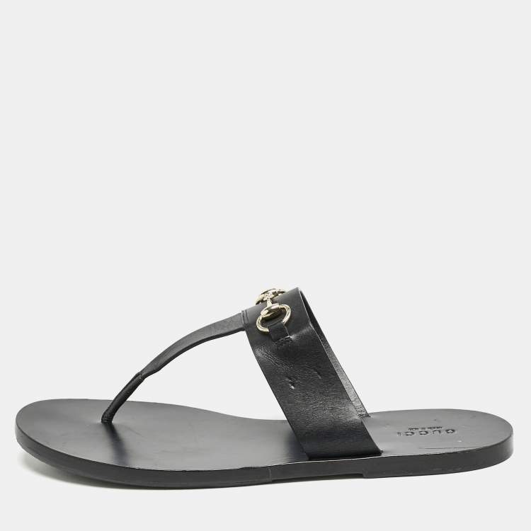 Pre Owned Gucci Black Leather Horsebit Thong Flats Size 39.5