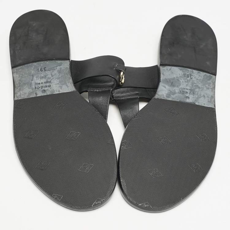 Pre Owned Gucci Black Leather Horsebit Thong Flats Size 39.5