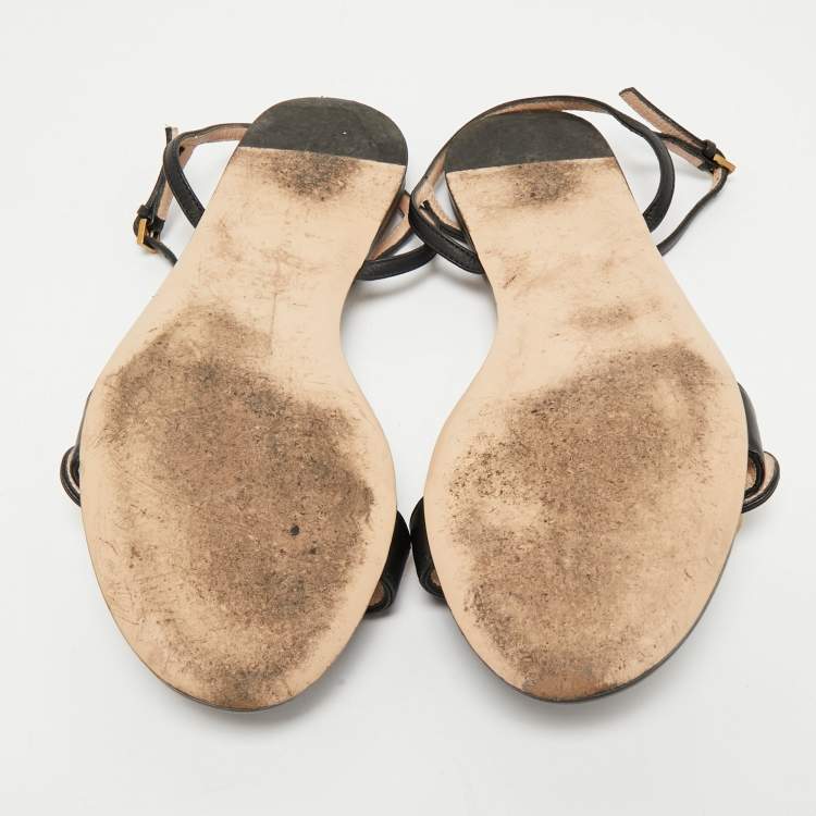 Pre Owned Gucci Black Leather GG Marmont Ankle Strap Flat Sandals Size 36