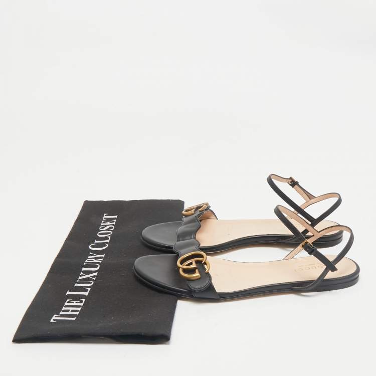 Pre Owned Gucci Black Leather GG Marmont Ankle Strap Flat Sandals Size 36