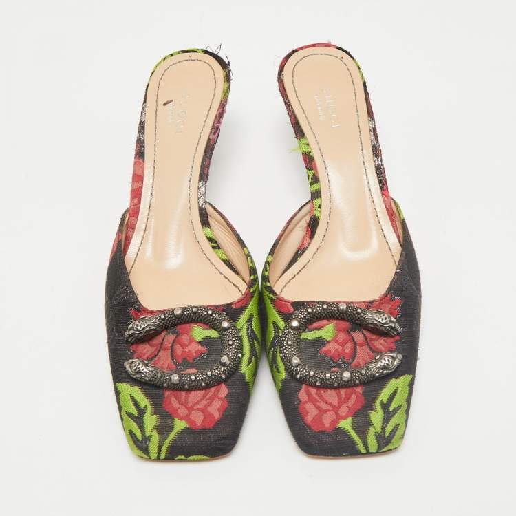Pre Owned Gucci Black Floral Brocade Fabric Dionysus Square Toe Slip On Mules Size 37