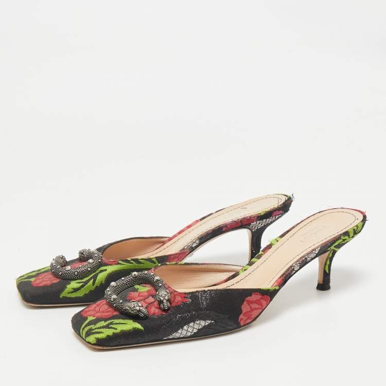 Pre Owned Gucci Black Floral Brocade Fabric Dionysus Square Toe Slip On Mules Size 37