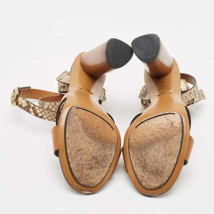 Pre Owned Gucci Brown Python and Leather Crisscross Ankle Strap Sandals Size 38