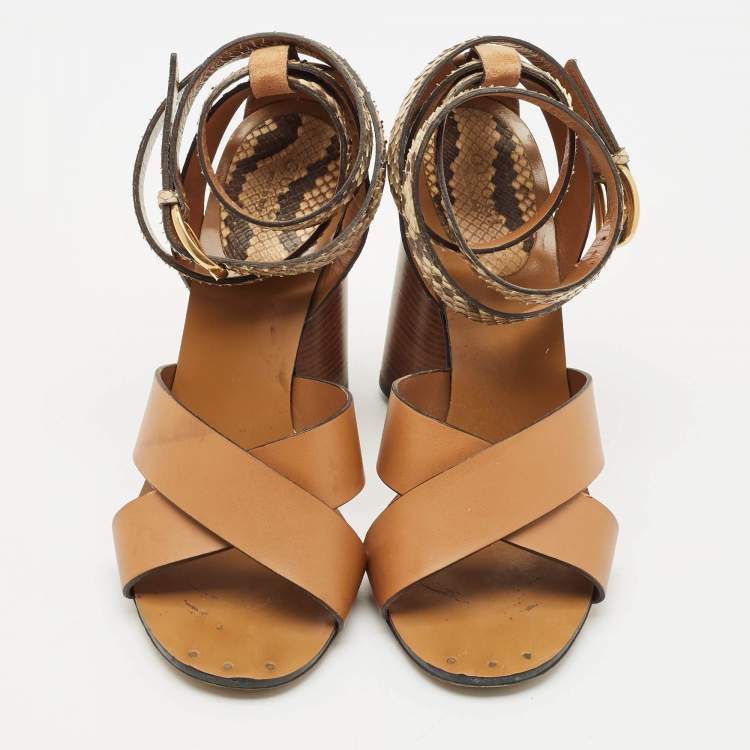 Pre Owned Gucci Brown Python and Leather Crisscross Ankle Strap Sandals Size 38