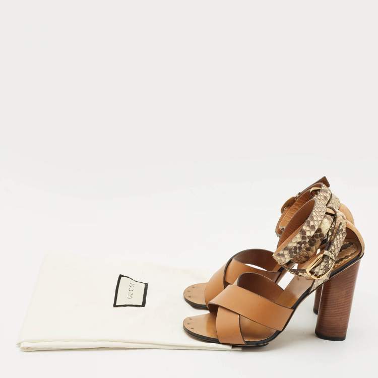 Pre Owned Gucci Brown Python and Leather Crisscross Ankle Strap Sandals Size 38