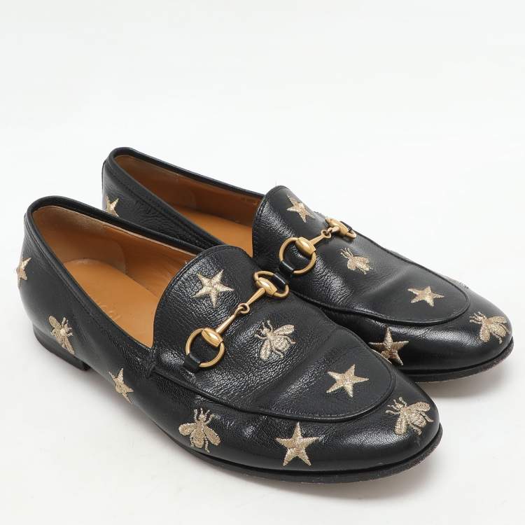Pre Owned Gucci Black Leather Embroidered Bee Star Horsebit Slip On Loafers Size 38
