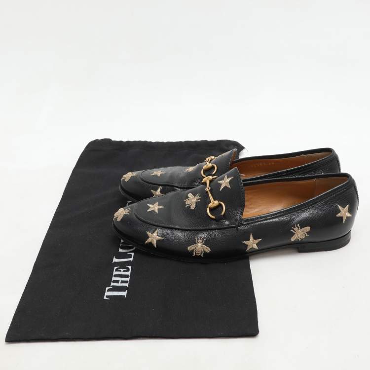Pre Owned Gucci Black Leather Embroidered Bee Star Horsebit Slip On Loafers Size 38