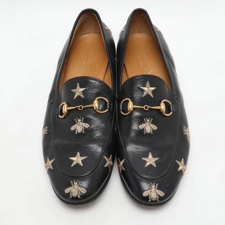 Pre Owned Gucci Black Leather Embroidered Bee Star Horsebit Slip On Loafers Size 38