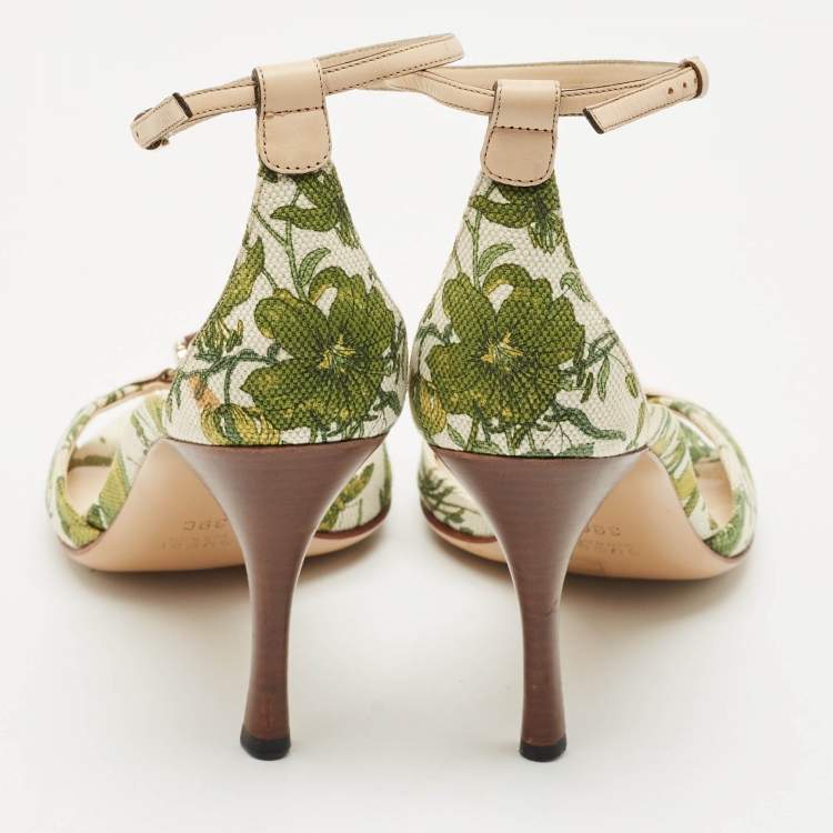 Pre Owned Gucci Green/Beige Printed Canvas and Leather Bamboo Horsebit Ankle Strap Sandals Size 39
