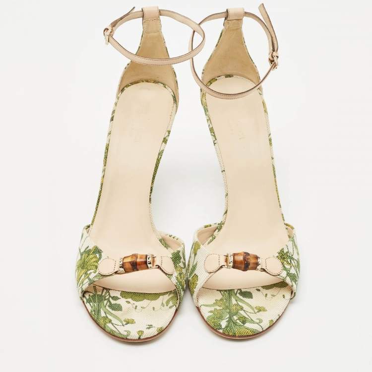 Pre Owned Gucci Green/Beige Printed Canvas and Leather Bamboo Horsebit Ankle Strap Sandals Size 39