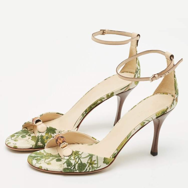 Pre Owned Gucci Green/Beige Printed Canvas and Leather Bamboo Horsebit Ankle Strap Sandals Size 39