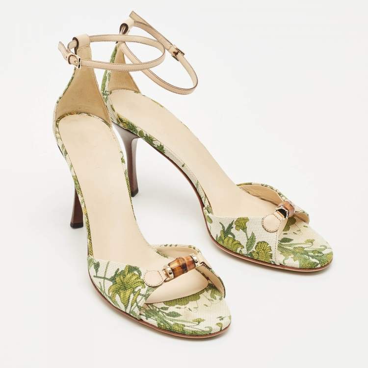 Pre Owned Gucci Green/Beige Printed Canvas and Leather Bamboo Horsebit Ankle Strap Sandals Size 39