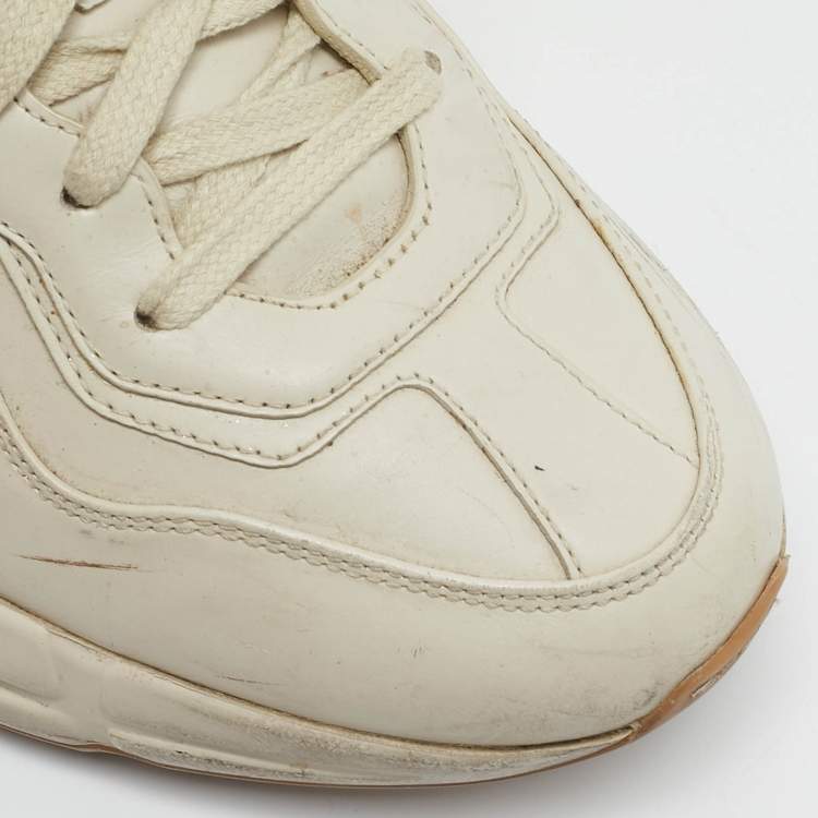Pre Owned Gucci Cream Leather Glitter Logo Rhyton Sneakers Size 37.5