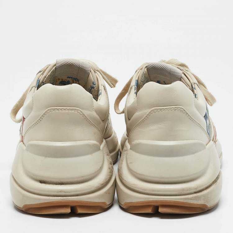 Pre Owned Gucci Cream Leather Glitter Logo Rhyton Sneakers Size 37.5