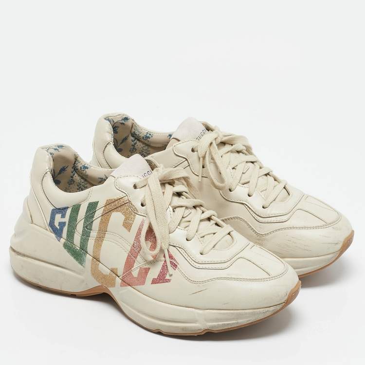 Pre Owned Gucci Cream Leather Glitter Logo Rhyton Sneakers Size 37.5