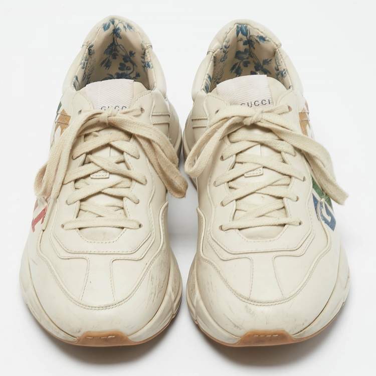 Pre Owned Gucci Cream Leather Glitter Logo Rhyton Sneakers Size 37.5